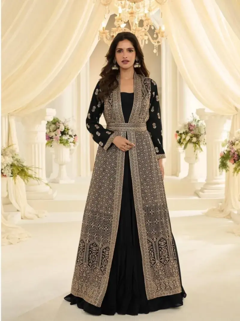 Black Premium Chinon Silk Bridal Jacket Style Gown