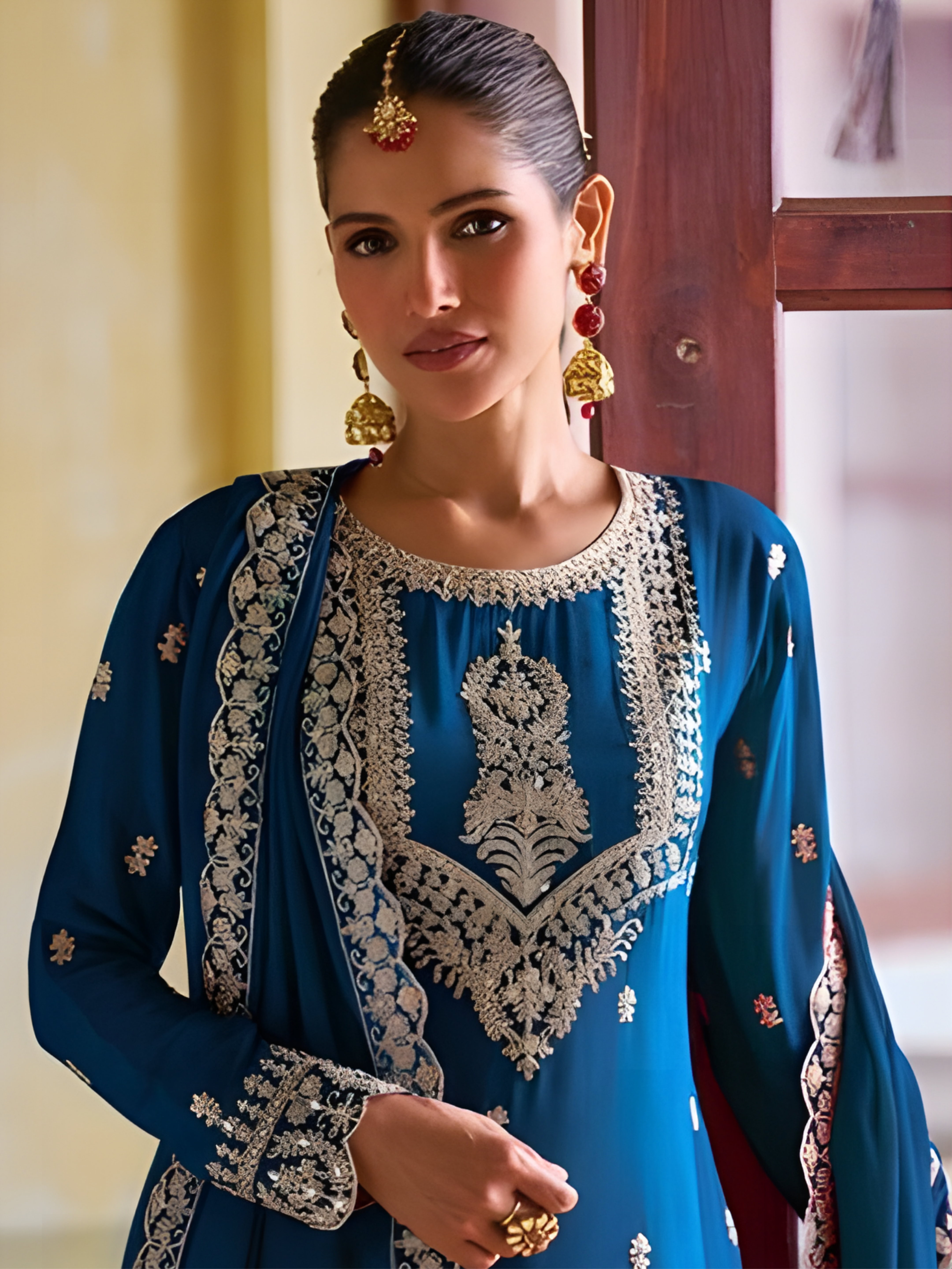 Royal Blue Real Chinon Embroidered Suit Set With Dupatta