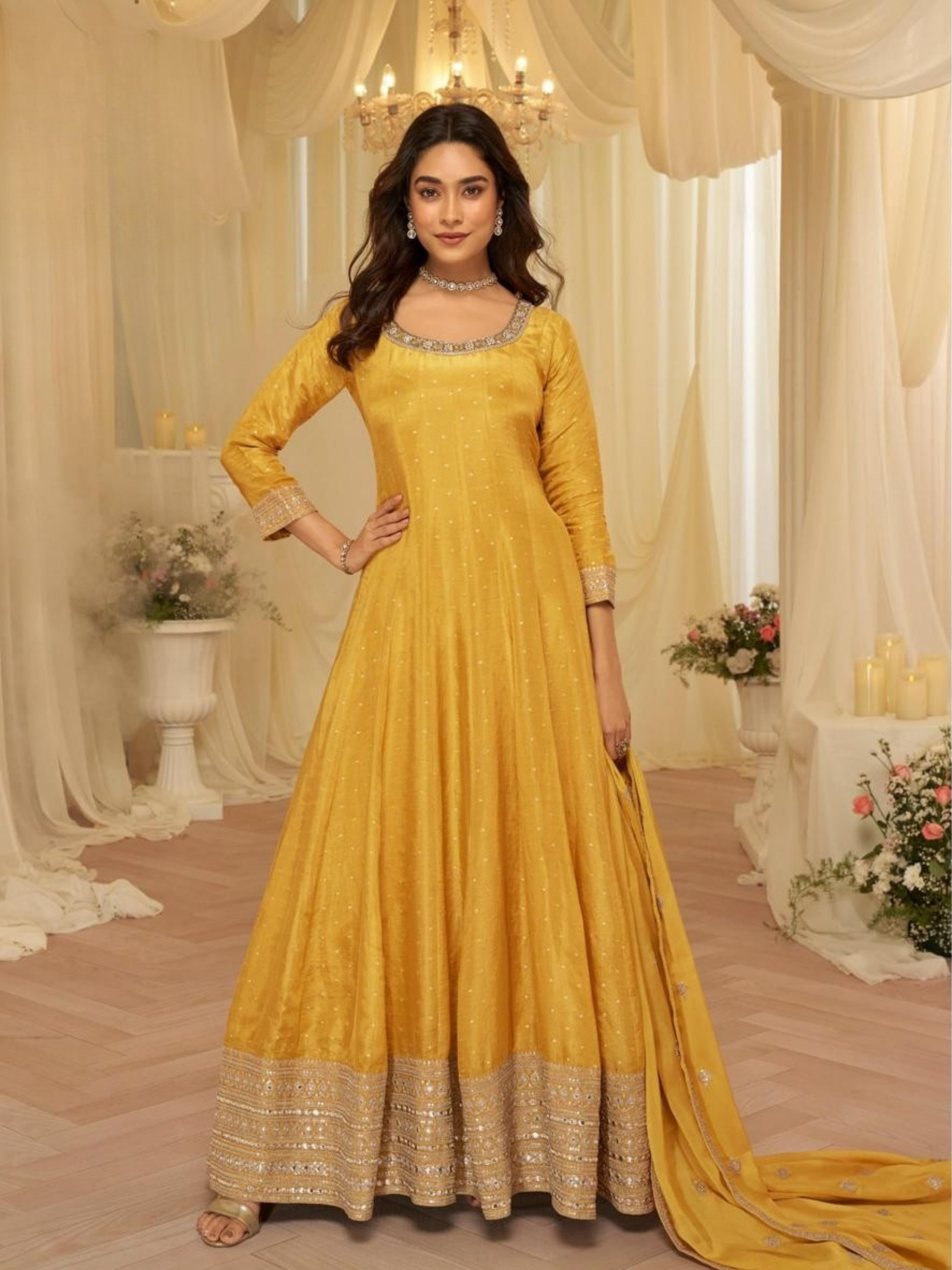 Yellow Pure Viscose Jacquard Silk Embroidered Anarkali Gown