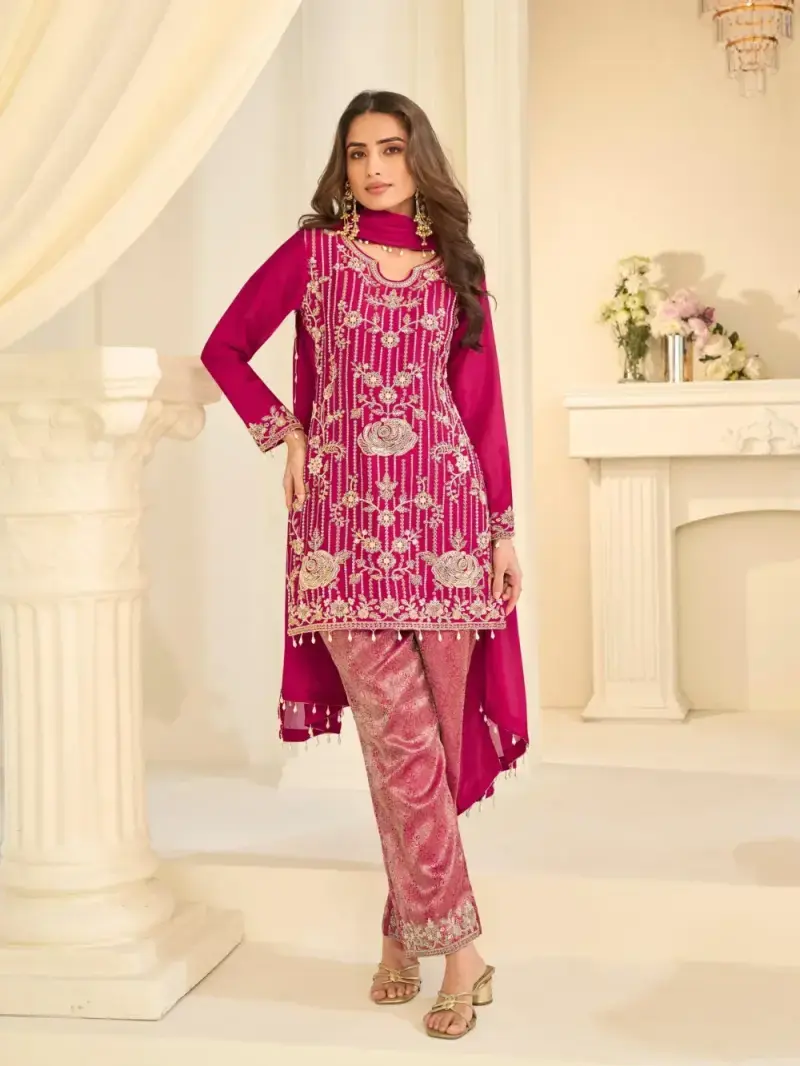 Hot Pink Viscose Jacquard Silk Heavy Beads Work Palazzo Suit
