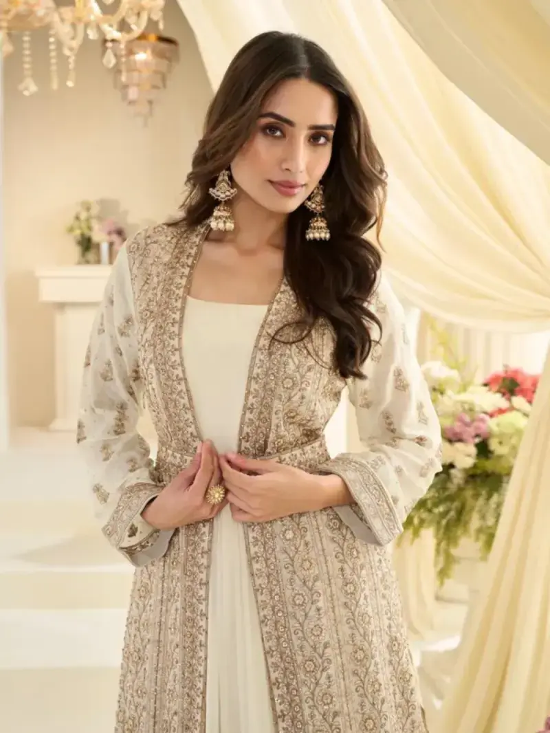 Ivory Cream Premium Chinon Silk Bridal Jacket Style Gown
