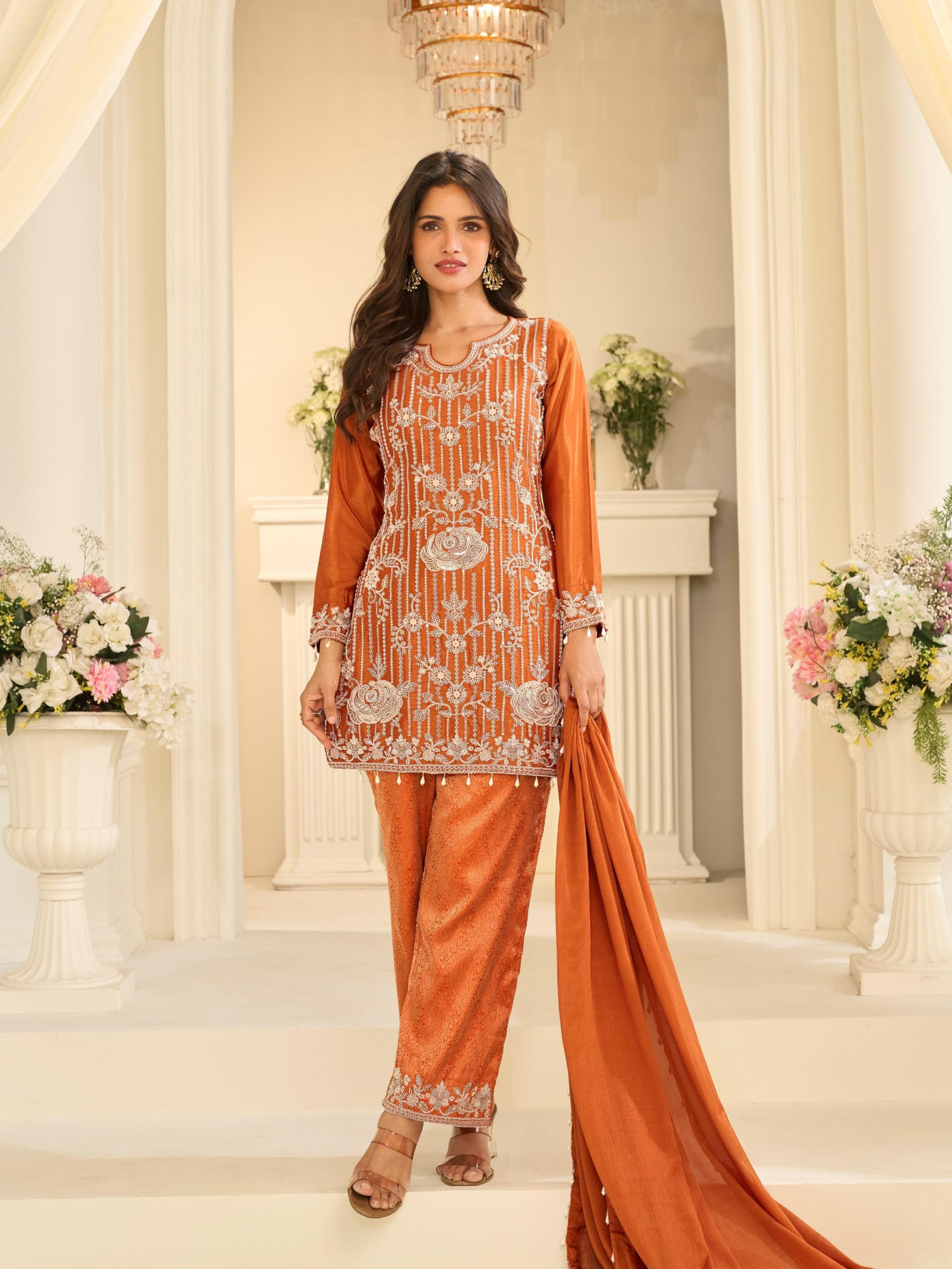 Orange Viscose Jacquard Silk Heavy Beads Work Palazzo Suit