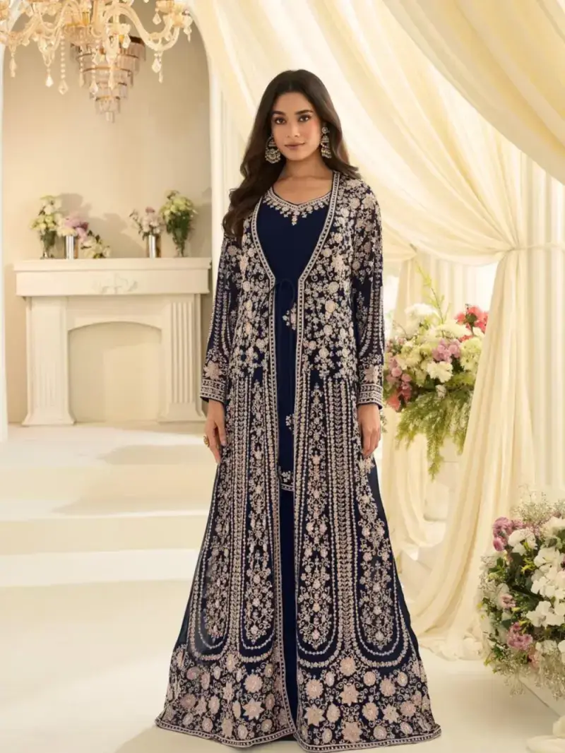 Navy Blue Premium Chinon Silk Bridal Jacket Style Gown