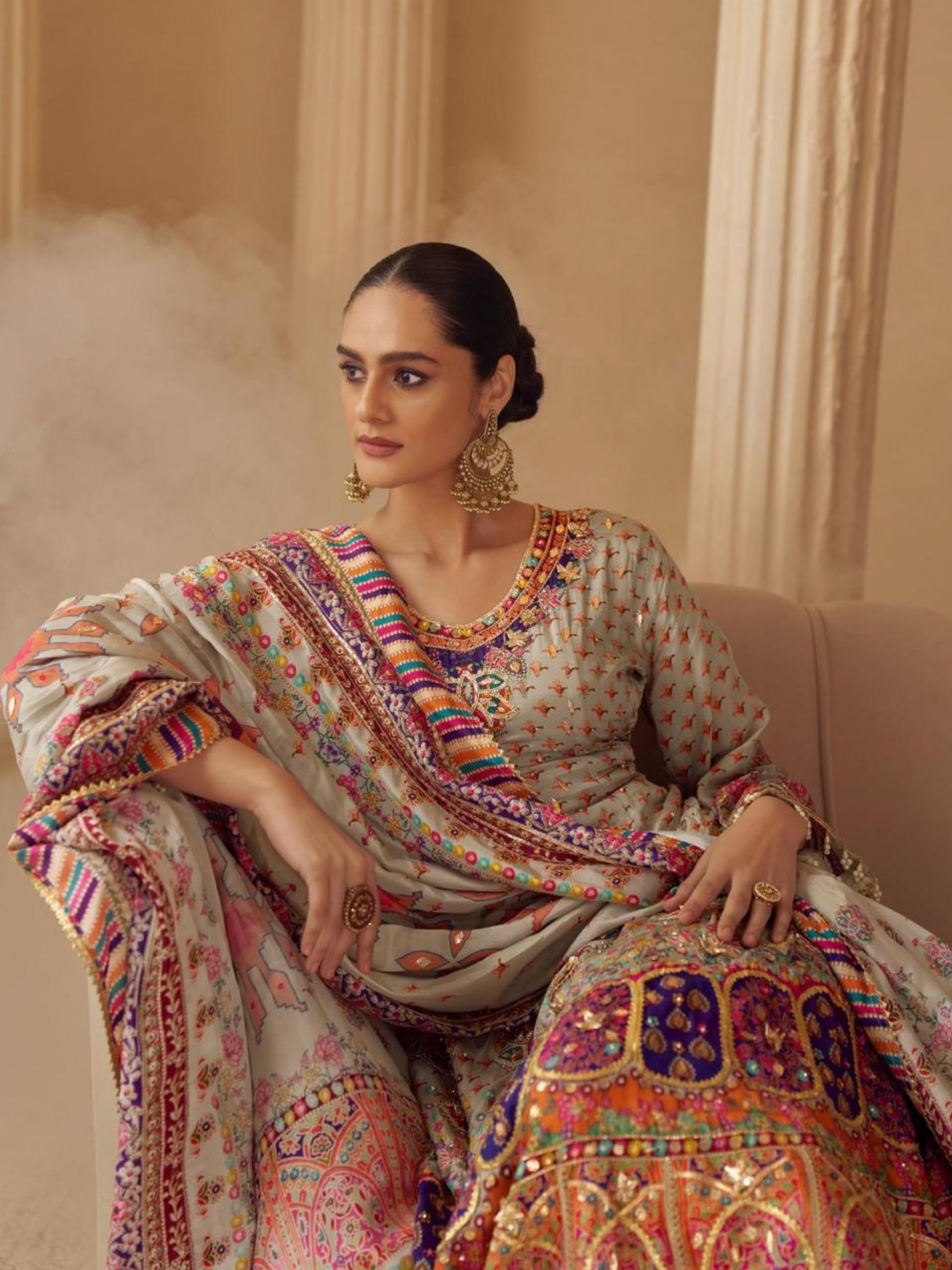 Ivory Beige Natural Crepe Silk Printed Palazzo Suit With Hand A ari Work