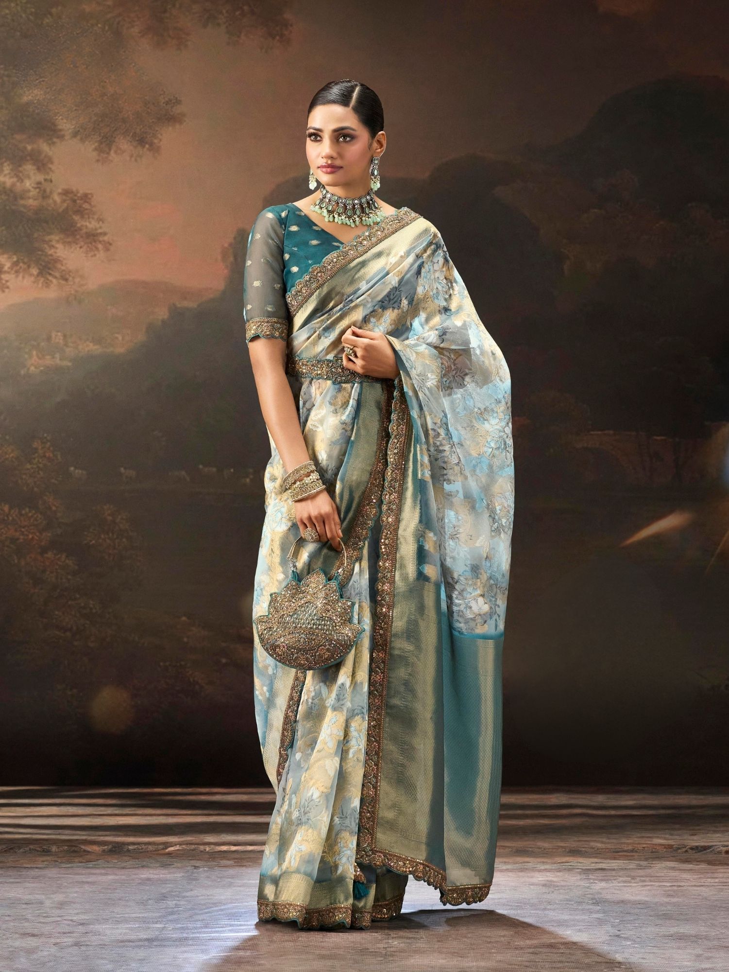 Tissue Saree with Goal Undertones